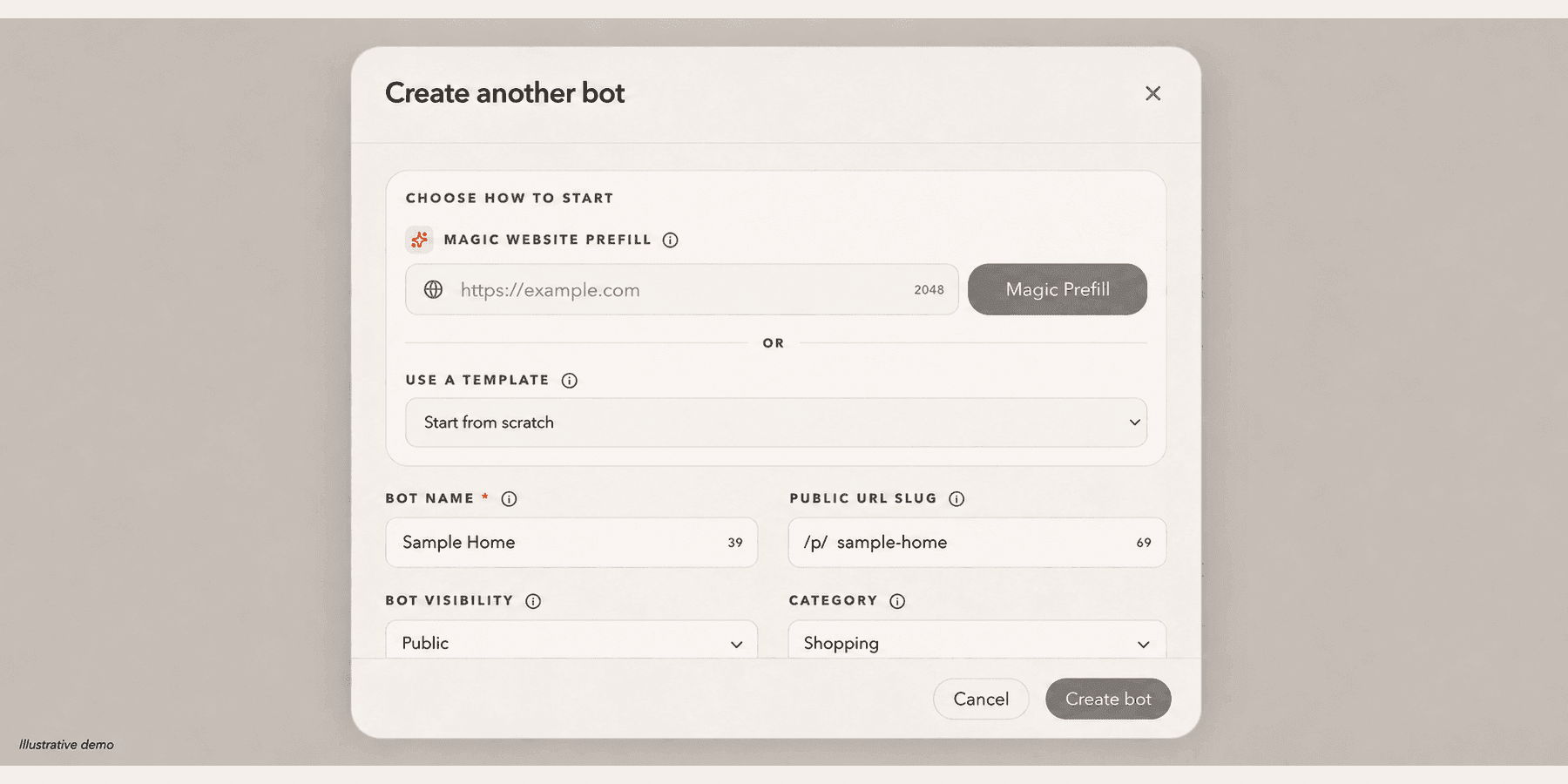 Create bot dialog with a sample name, public URL, visibility and category.