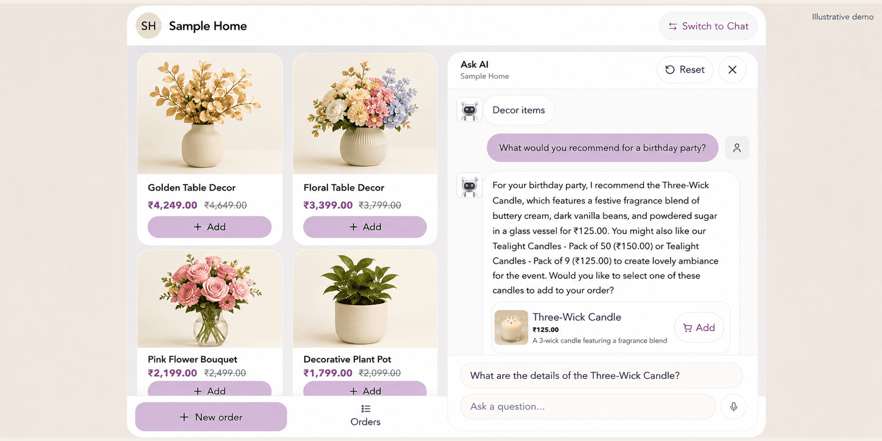 Kiosk Ask AI panel showing a fictional birthday-party question, product recommendation and Add button.