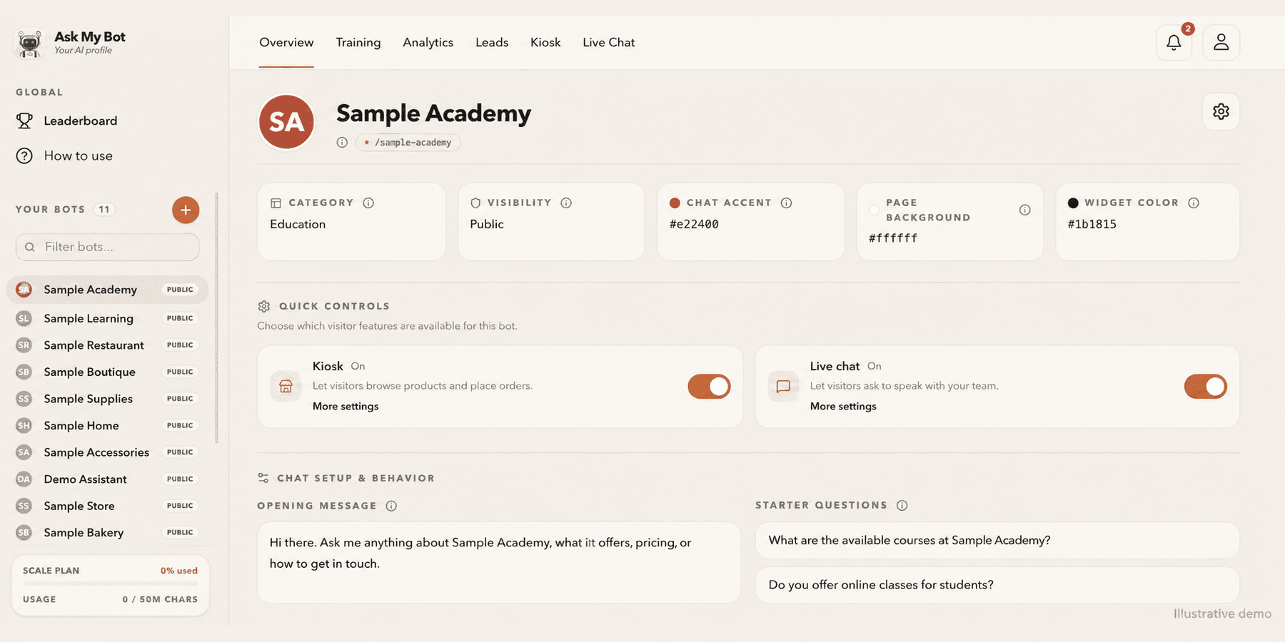 Bot Overview showing appearance settings, starter questions and Kiosk and Live Chat quick controls.