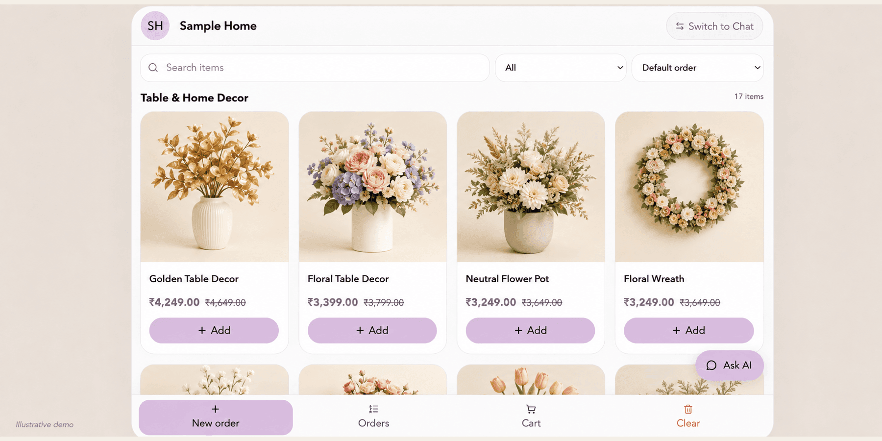 Sample Kiosk catalog with unbranded product images, category and sort controls, prices, cart navigation and Ask AI.