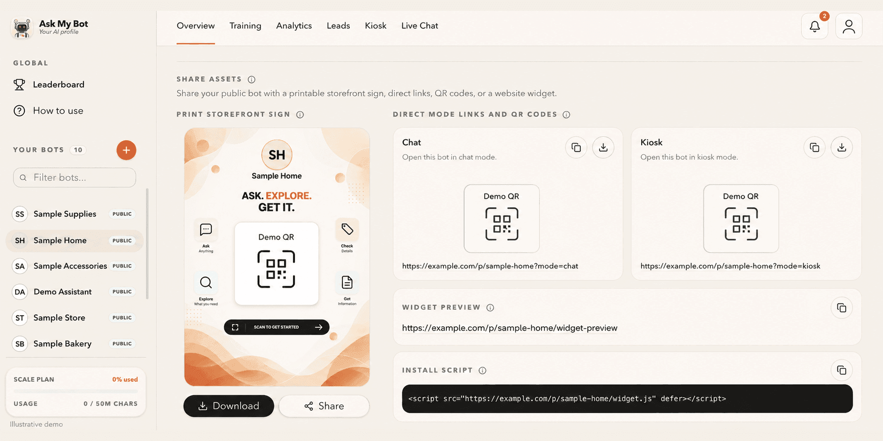 Share assets with a sample storefront sign, demonstration Chat and Kiosk QR tiles, widget preview URL and install script.