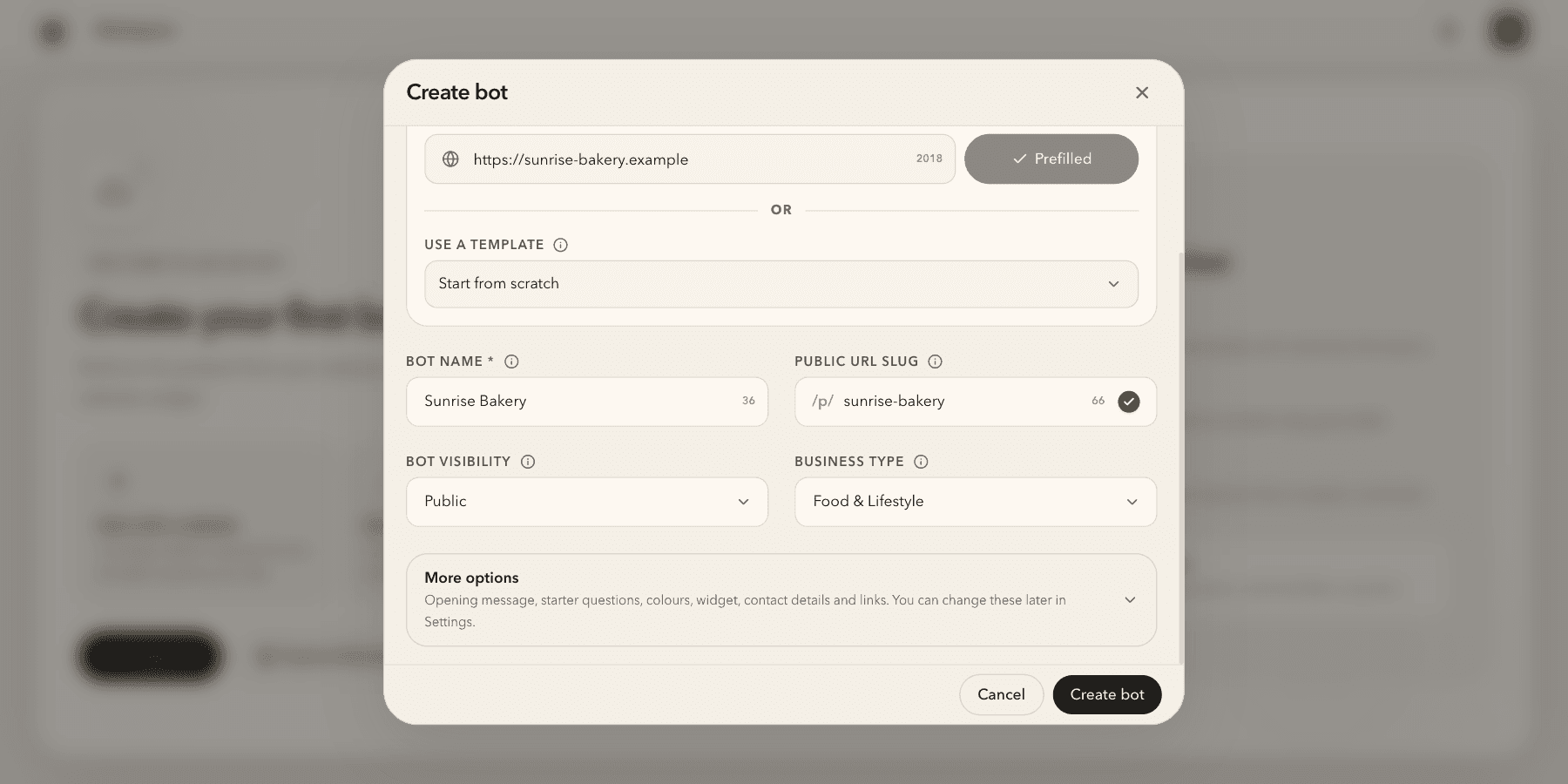 Create bot dialog filled by Magic Website Prefill for a fictional bakery, with bot name, public URL, visibility and business type.