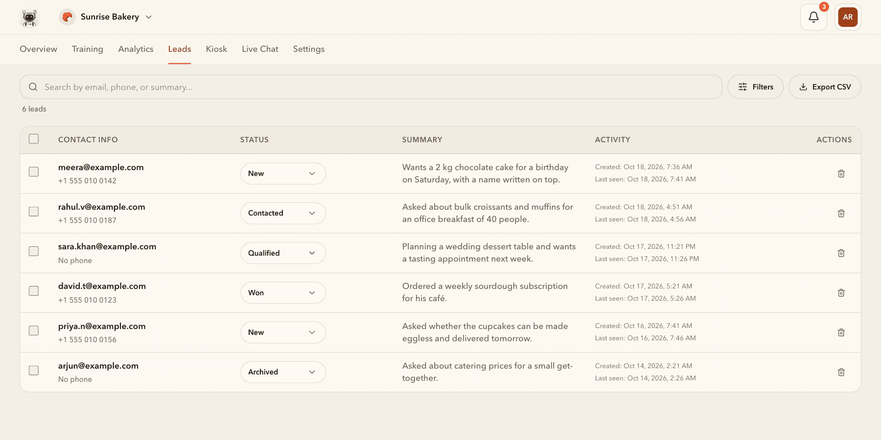 Leads table with six fictional example.com contacts, sample 555 phone numbers, statuses from New to Won, inquiry summaries and activity timestamps.