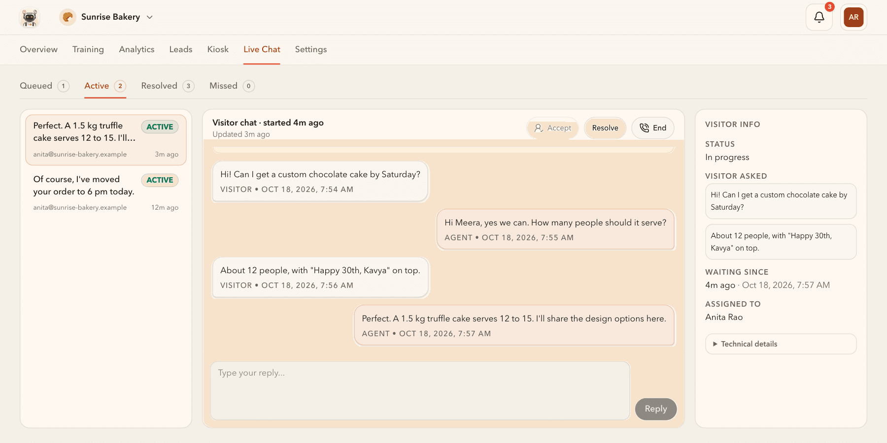 Live Chat inbox with Queued, Active, Resolved and Missed tabs, a fictional custom-cake conversation between a visitor and an agent, a reply box and visitor details.