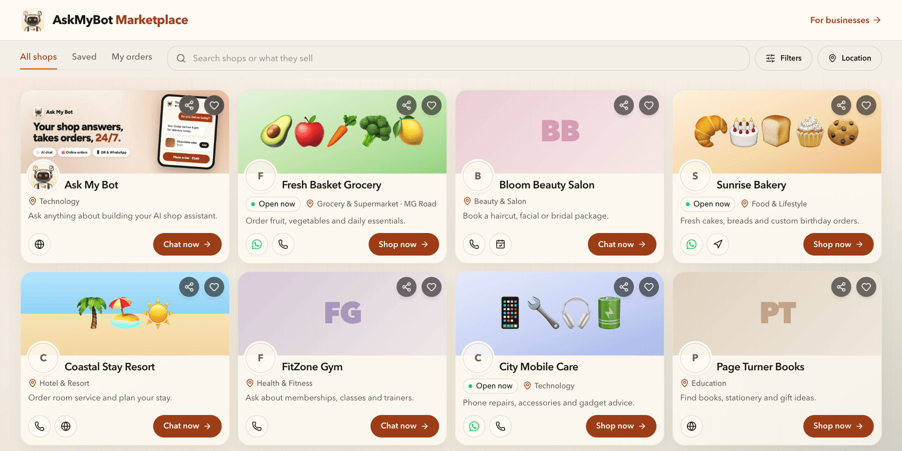 Marketplace with Ask My Bot and fictional shops, each card showing a cover photo or initials, rank, logo, business type, Open now status, contact icons and Shop now or Chat now actions.