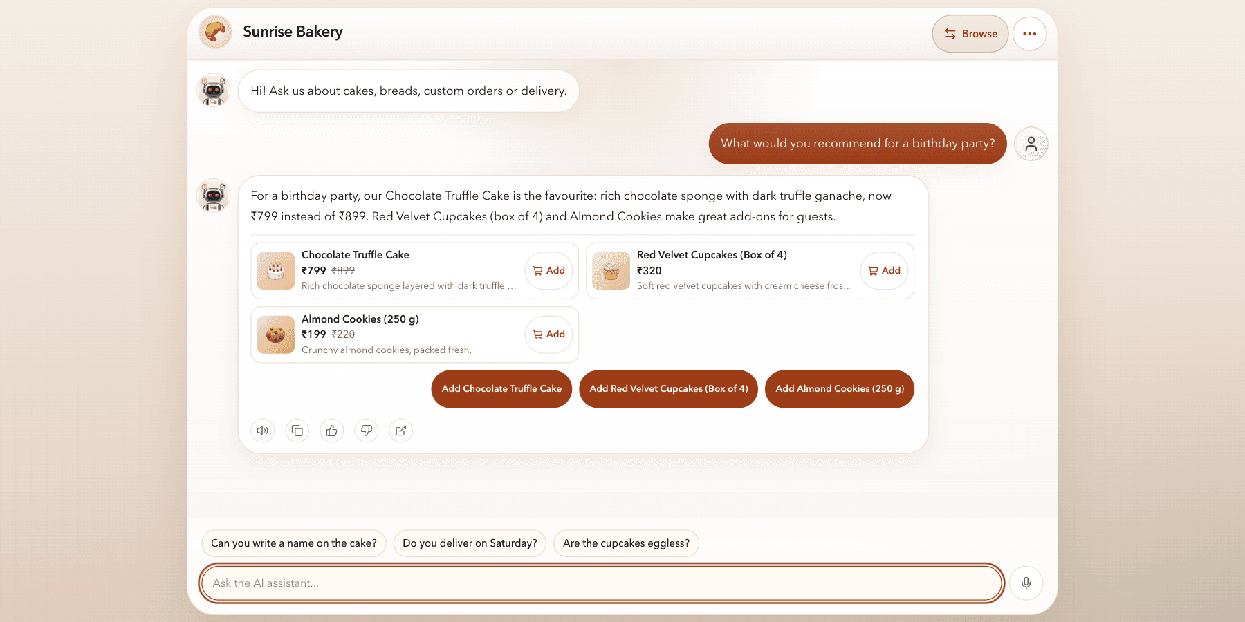 Public chat for a fictional bakery answering a birthday-party question with cake, cupcake and cookie product cards, prices and Add buttons.