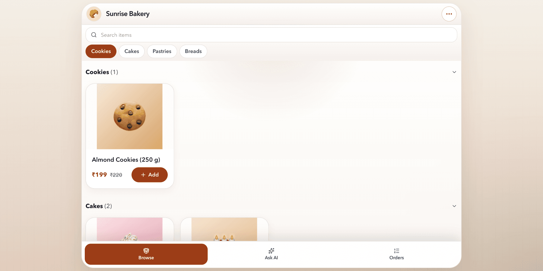 Kiosk catalog for a fictional bakery with illustrated product photos, category chips, prices, Add buttons and Browse, Ask AI and Orders navigation.