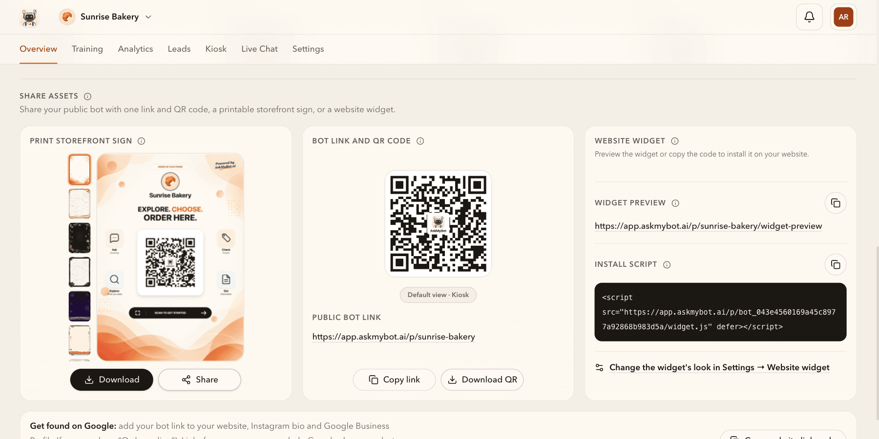 Share assets for a fictional bakery with a printable storefront sign, one bot link and QR code, the widget preview link and install script.